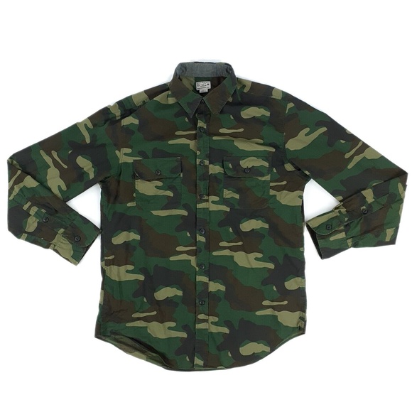 J.CREW Mens M Dress Shirt Military Woodland Camouflage Long Sleeve Woven Cotton